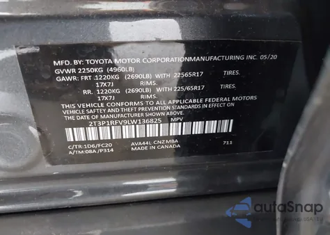 2020 Toyota Rav4 Xle z USA, uszkodzony, nr VIN 2T3P1RFV9LW136825
